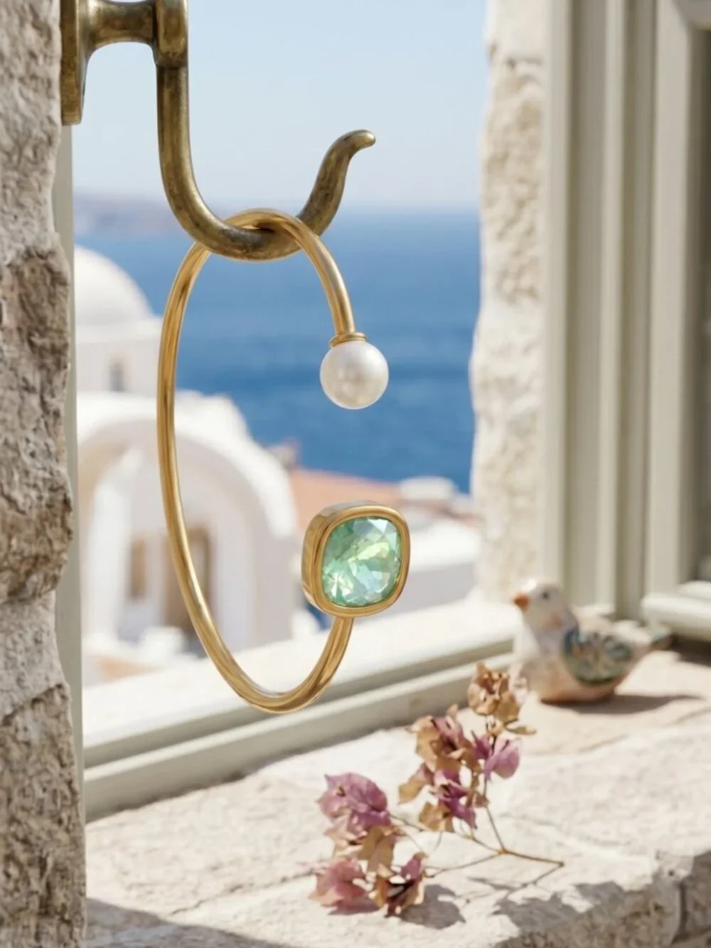 18K Gold Plated SS Pearl Green Crystal Open Cuff Bracelet Set Adj Mediterranean